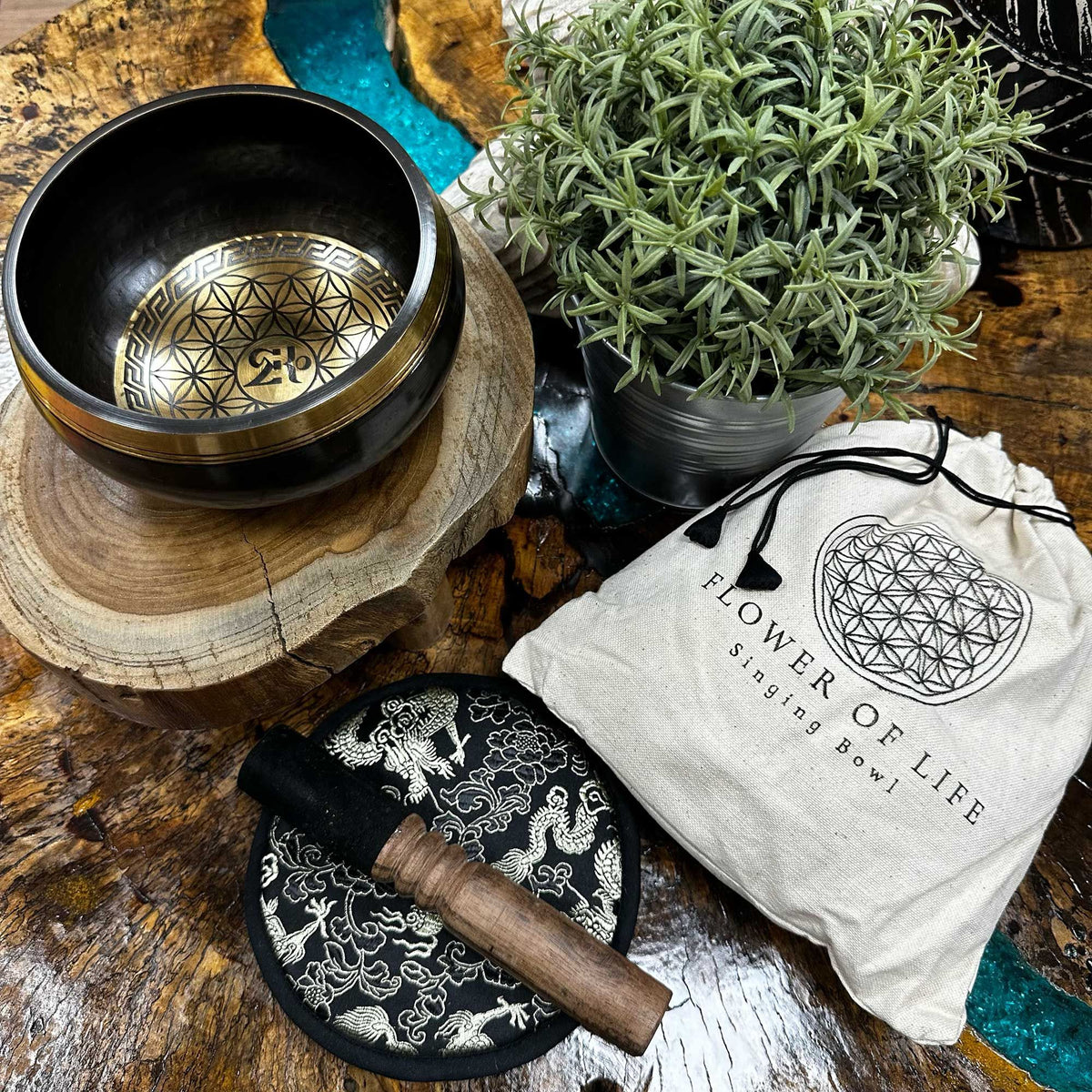 Engraved Singing Bowl Gift Set - Flower of Life