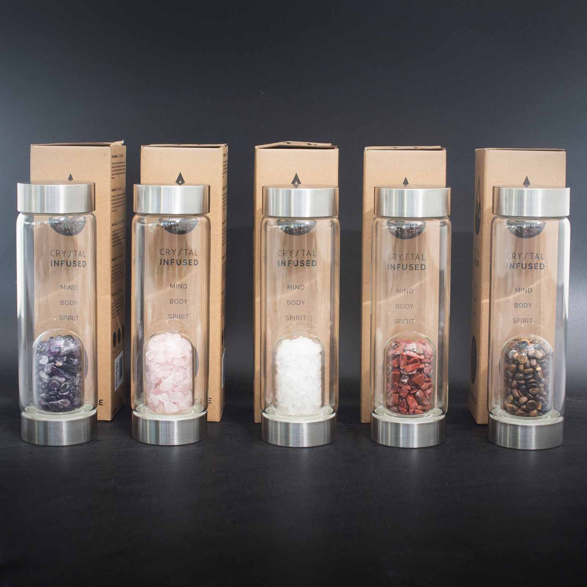Crystal Infused Glass Water Bottle - Rose Quartz - Chips