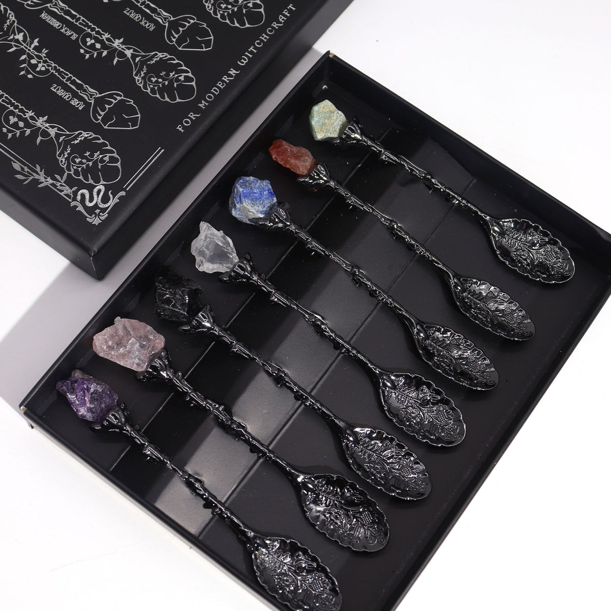 Dark Silver Gemstone Crystal Witch Spoons - Set of 7