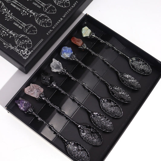 Dark Silver Gemstone Crystal Witch Spoons - Set of 7