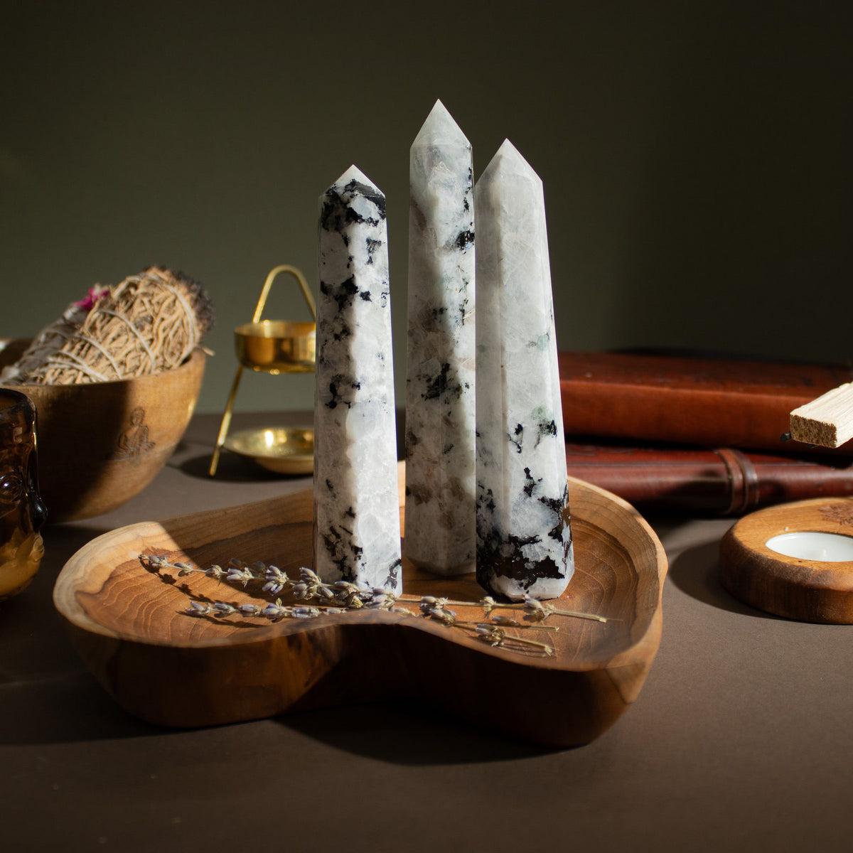 Gemstone Six Face Obelisk Point - Rainbow Moonstone