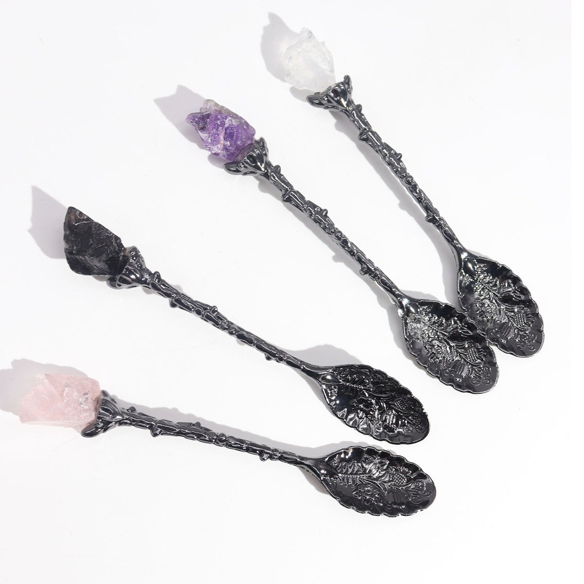 Dark Silver Gemstone Crystal Witch Spoons - Set of 7