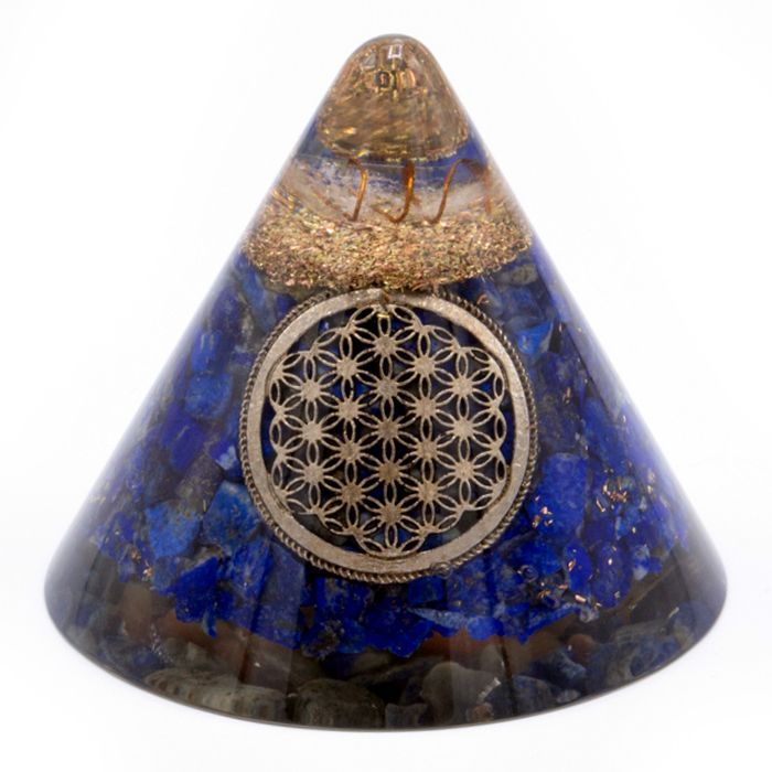 Orgonite Cone - Lapis Flower of Life - Suspended Quartz