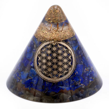 Orgonite Cone - Lapis Flower of Life - Suspended Quartz