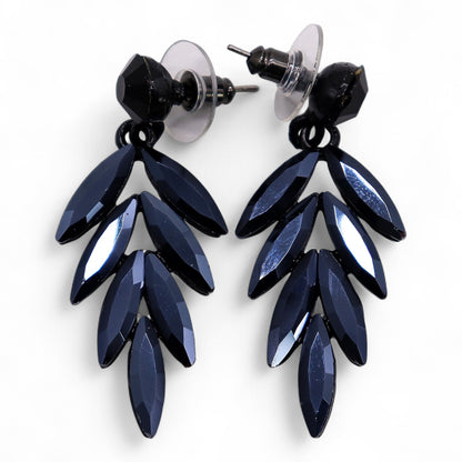 Jet Black Vintage Glass Long Drop Earrings
