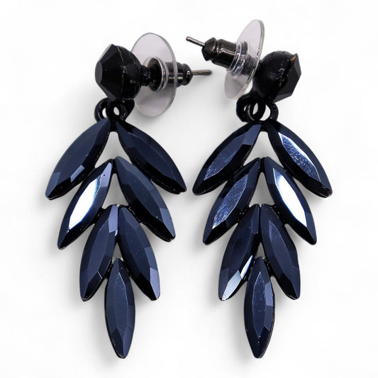 Jet Black Vintage Glass Long Drop Earrings