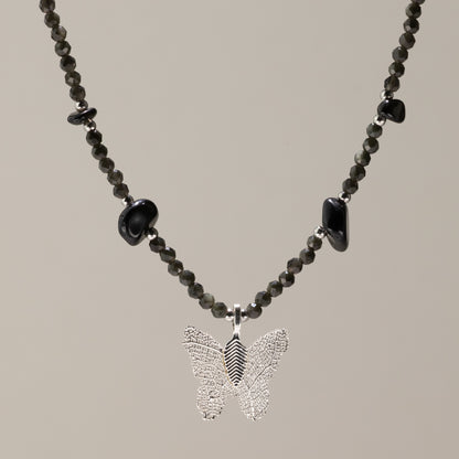 Nymph Black Obsidian Gemstone Necklace with Real Leaf Butterfly Pendant