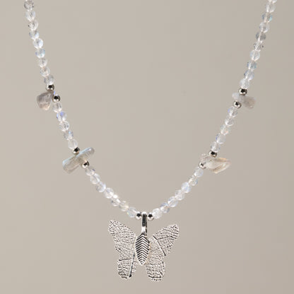 Nymph Labradorite Gemstone Necklace with Real Leaf Butterfly Pendant