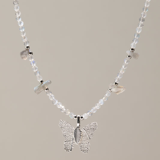 Nymph Labradorite Gemstone Necklace with Real Leaf Butterfly Pendant