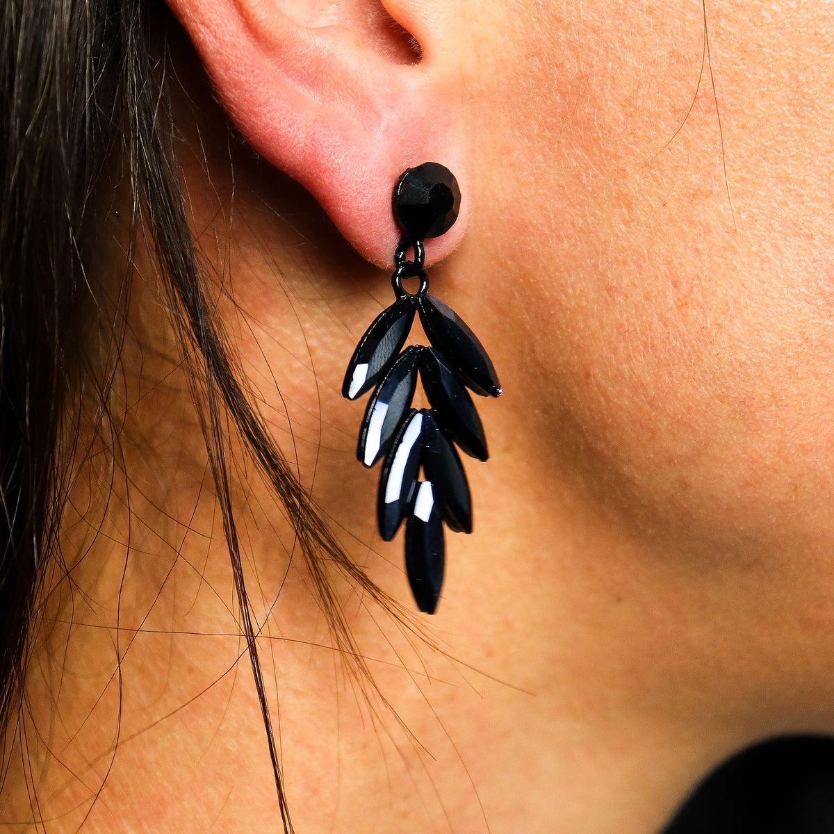 Jet Black Vintage Glass Long Drop Earrings