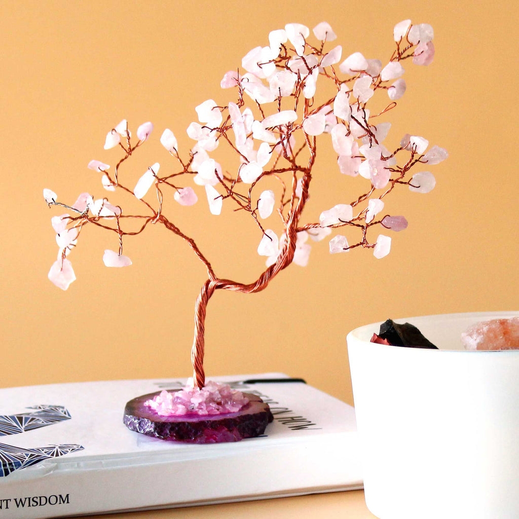 Large Gemstone Tree - Rose Quartz on Pink Agate Base (100 stones)