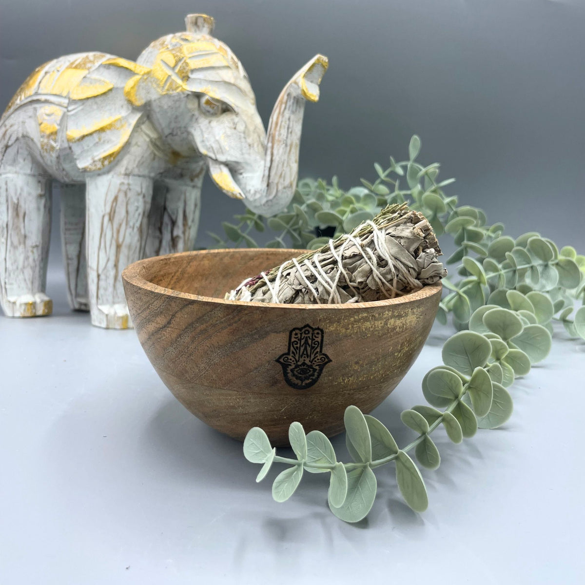 Wooden Smudge Bowl - Hamsa - Medium