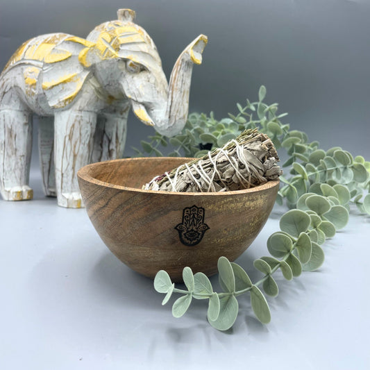 Wooden Smudge Bowl - Hamsa - Medium