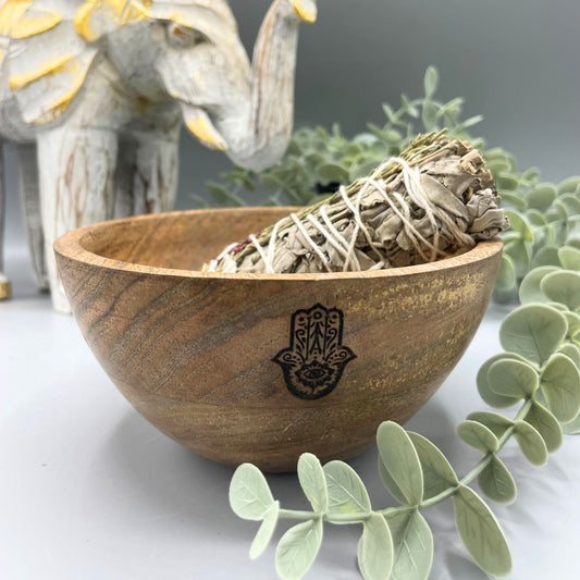 Wooden Smudge Bowl - Hamsa - Medium