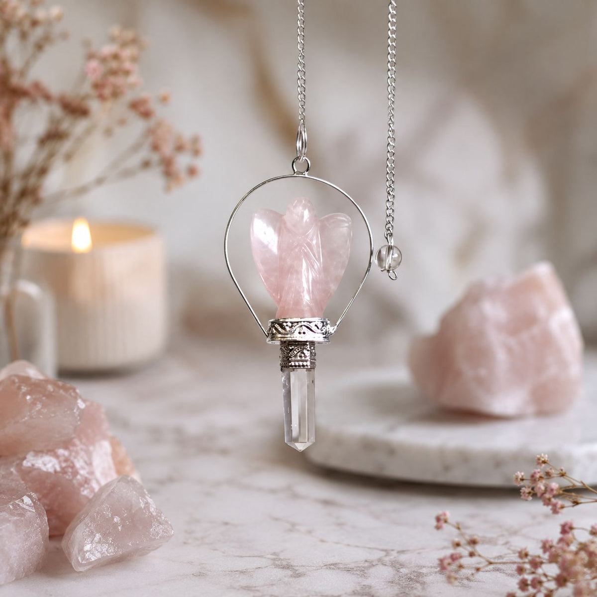 Angel Pendulum with Ring - Rose Quartz