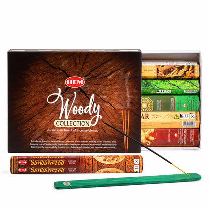 HEM Hexagonal Incense - Woody Collection & Ashcatcher (asst pack 6)