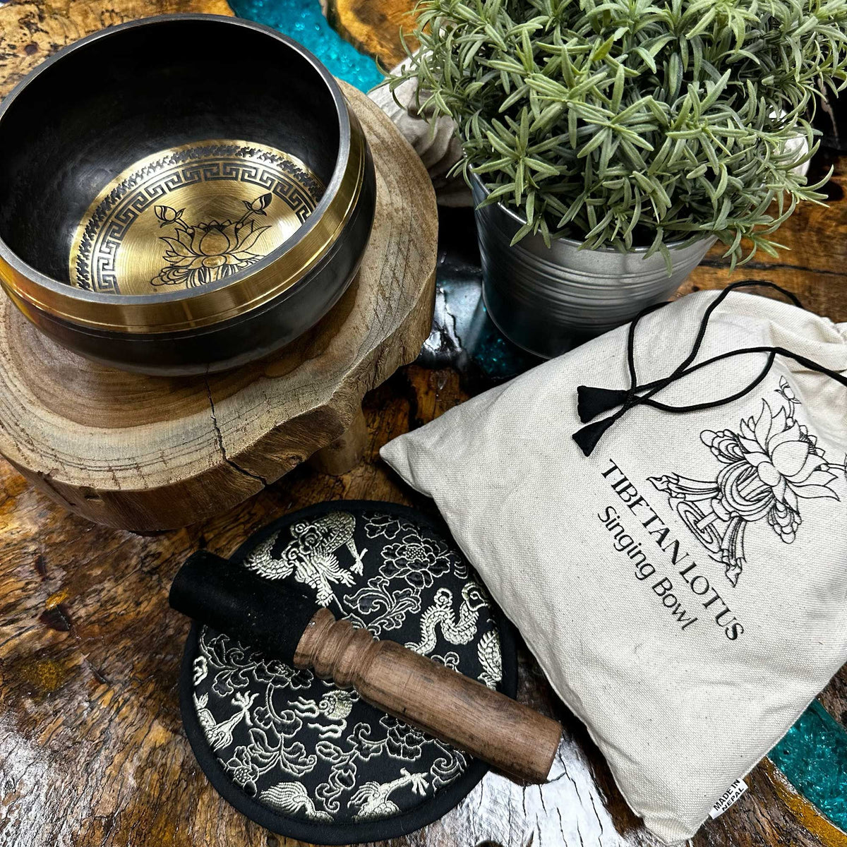 Engraved Singing Bowl Gift Set - Lotus Flower