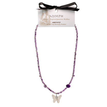 Nymph Amethyst Gemstone Necklace with Real Leaf Butterfly Pendant