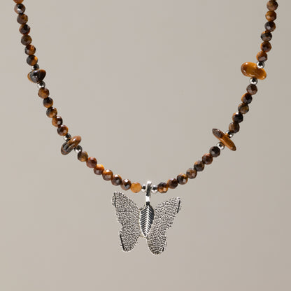 Nymph Tiger's Eye Gemstone Necklace with Real Leaf Butterfly Pendant