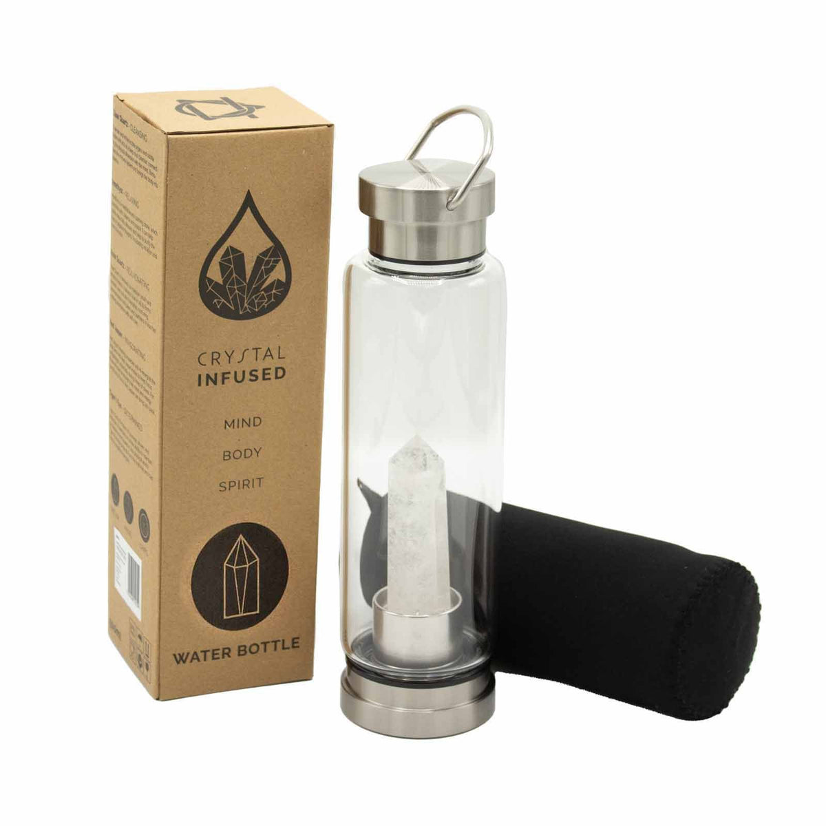 Crystal Infused Glass Water Bottle - Clear Quartz - Obelisk