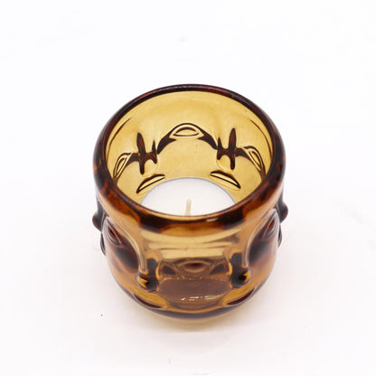 Buddha Faces Candle Jar - Antique Amber
