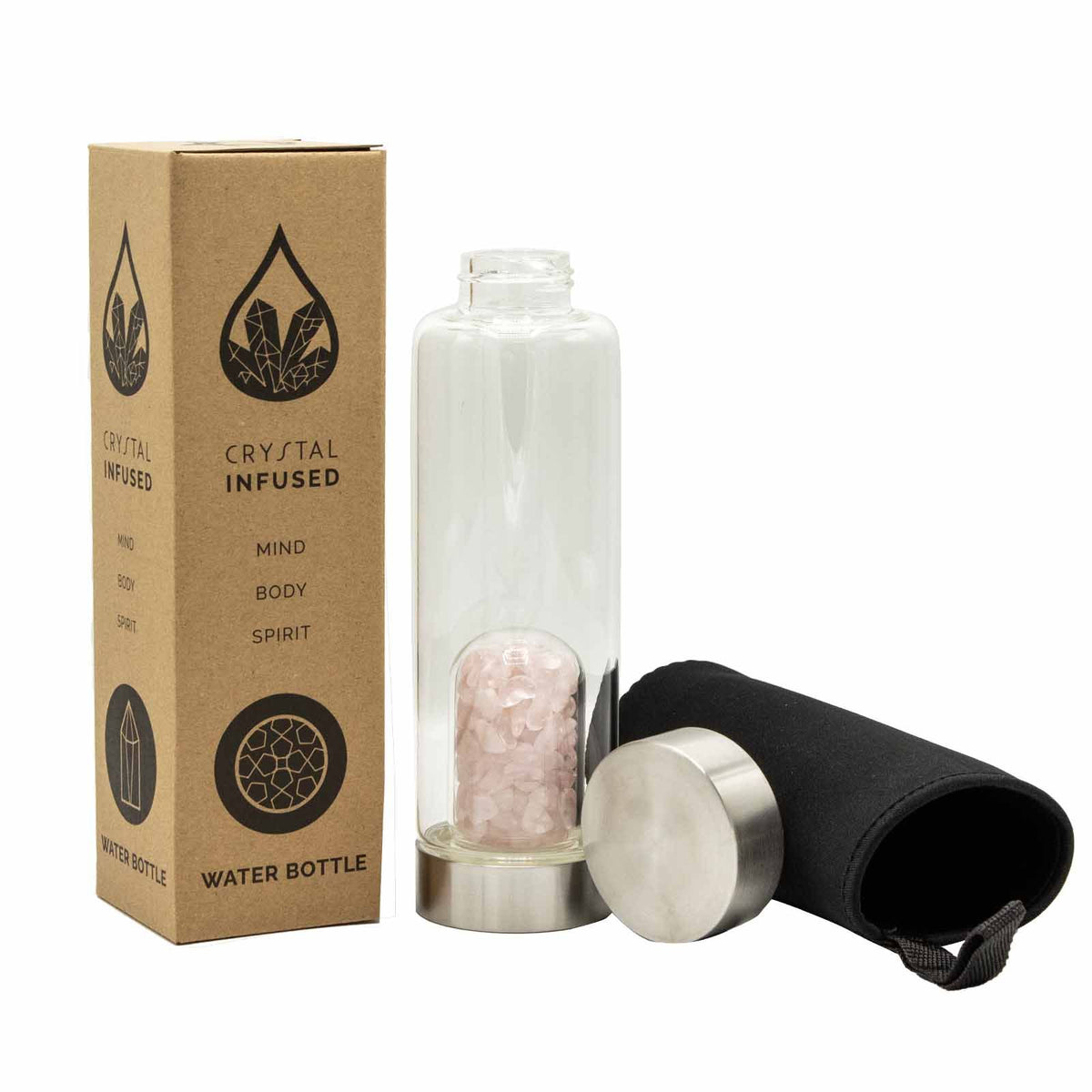 Crystal Infused Glass Water Bottle - Rose Quartz - Chips