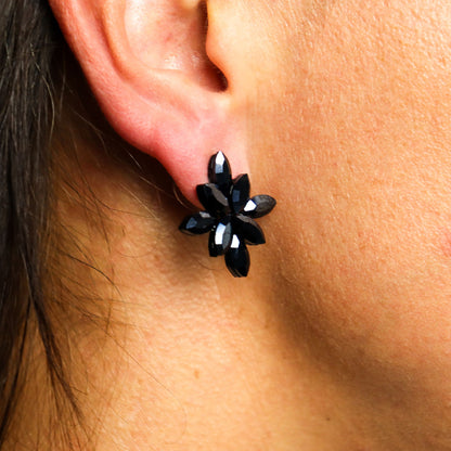 Jet Black Vintage Glass Flower Earrings