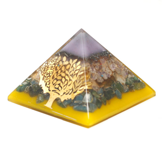 Large Orgonite Pyramid - Tree (gold base)