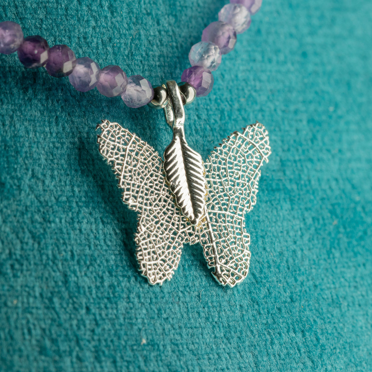 Nymph Amethyst Gemstone Necklace with Real Leaf Butterfly Pendant
