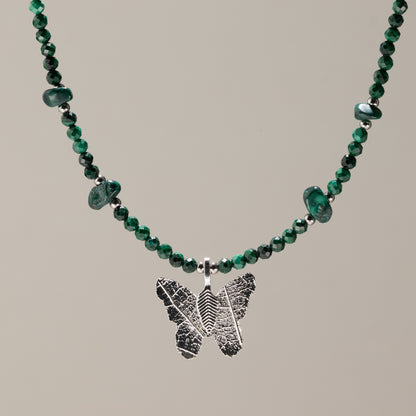 Nymph Malachite Gemstone Necklace with Real Leaf Butterfly Pendant