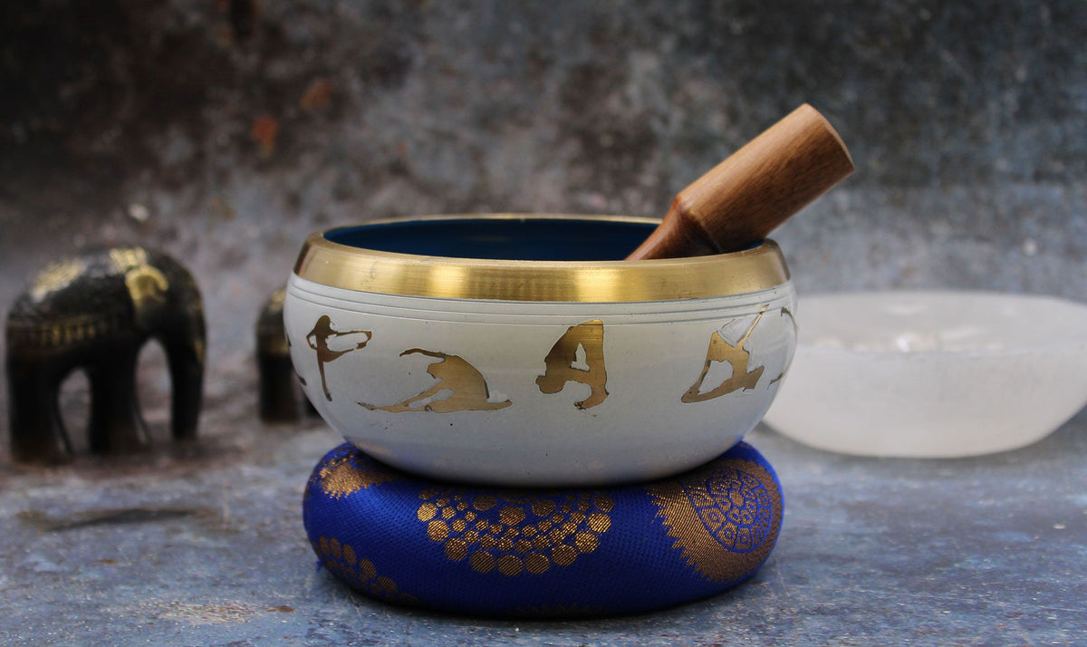 Large Yoga Moves Singing Bowl Set - White & Blue