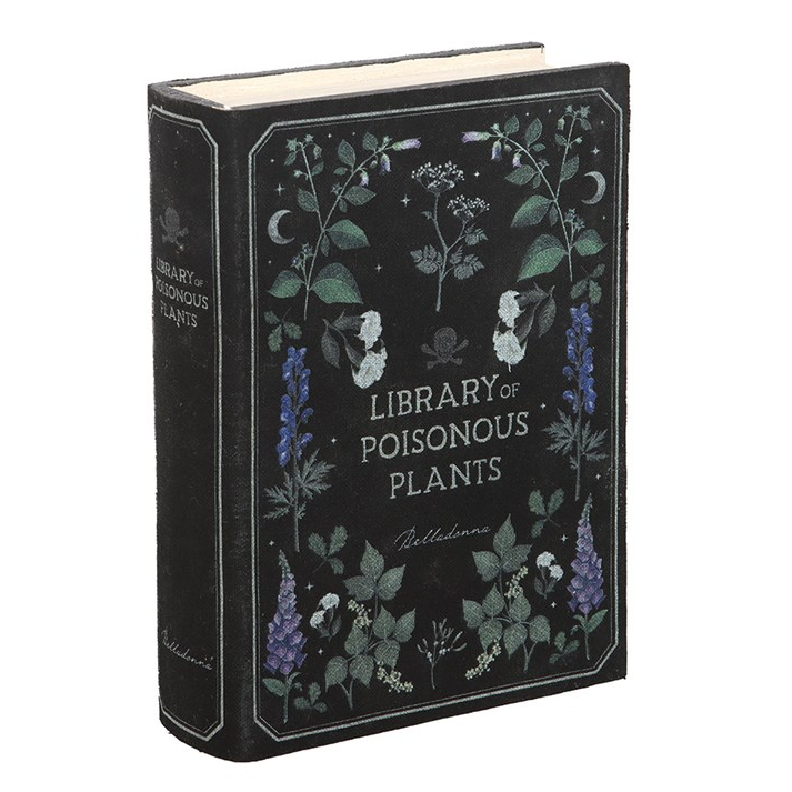 Book titled 'Library of Poisonous Plants' with botanical illustrations on a white background