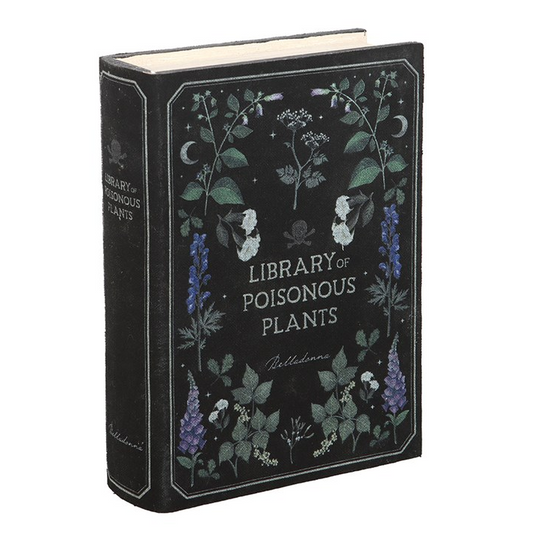 Book titled 'Library of Poisonous Plants' with botanical illustrations on a white background