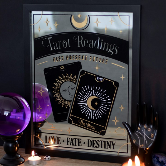 Decorative mirror with tarot card design and mystical elements on a white background