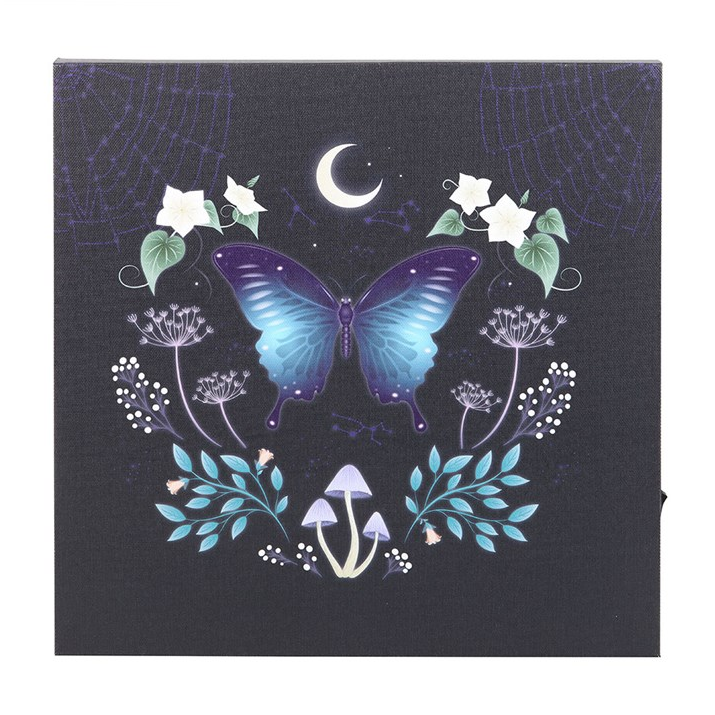 Decorative box with a blue butterfly, flowers, and moon design on a dark background