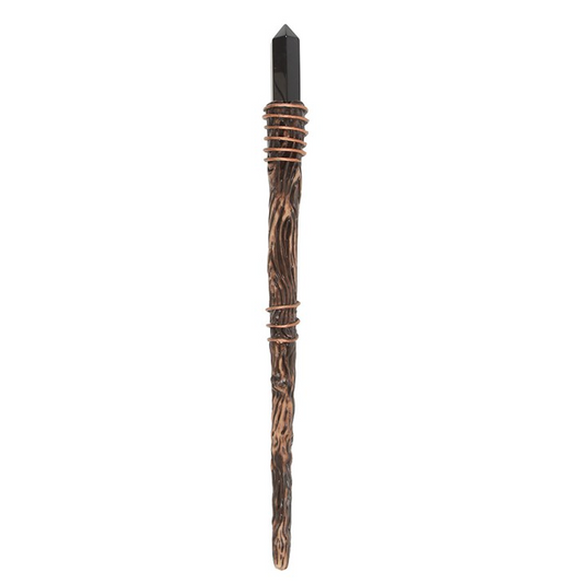 Decorative pen with wooden handle and black tip on a white background