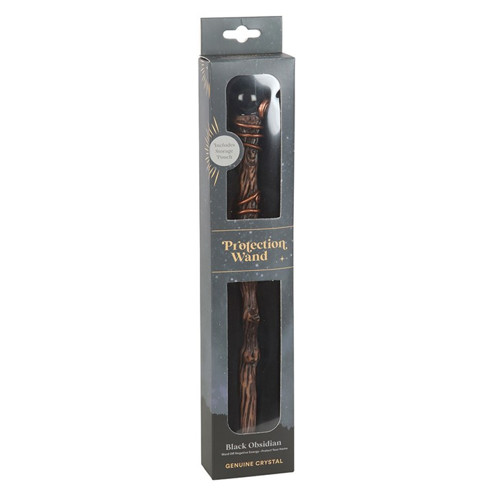 A black wooden procuring wand in its original dark gray retail packaging, shown against a plain white background.