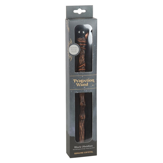 A black wooden procuring wand in its original dark gray retail packaging, shown against a plain white background.