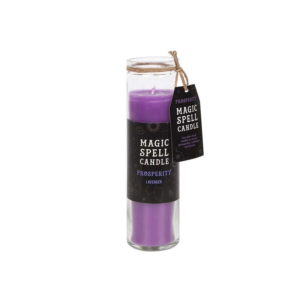 Purple spell candle in a glass jar with a label on a white background