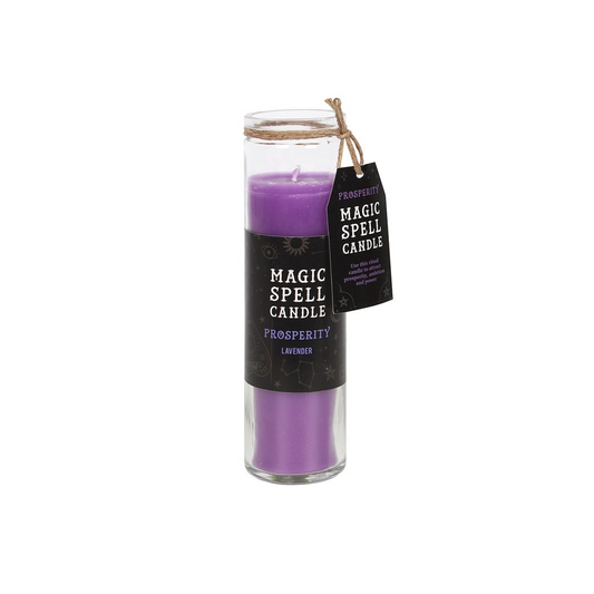 Purple spell candle in a glass jar with a label on a white background