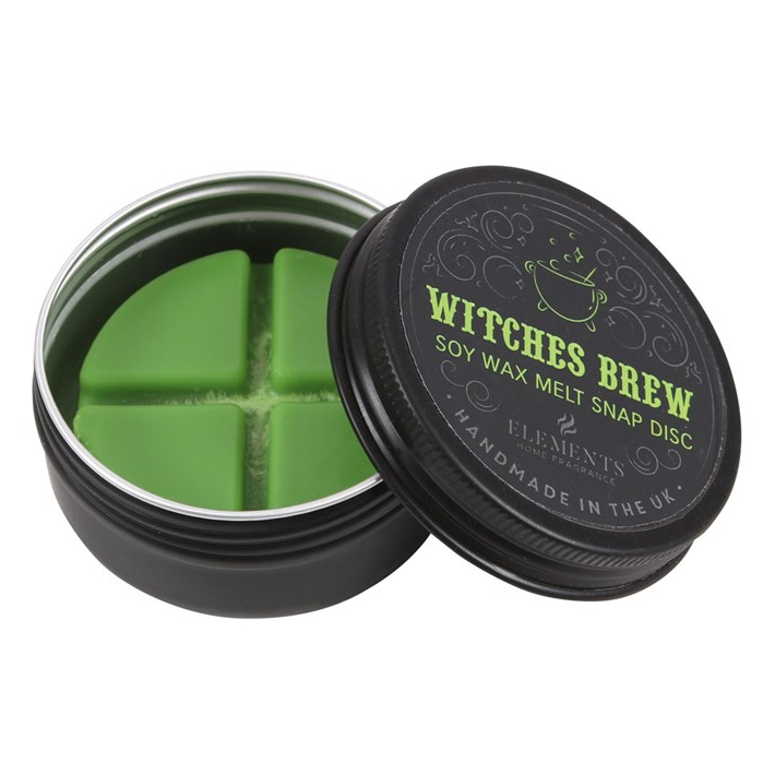 Black container with green wax melts labeled 'Witches Brew' on a white background