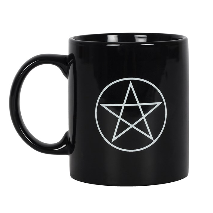 Black mug with a white pentagram symbol on a white background