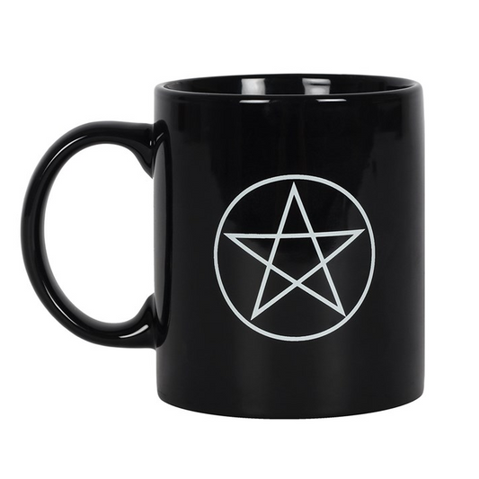 Black mug with a white pentagram symbol on a white background