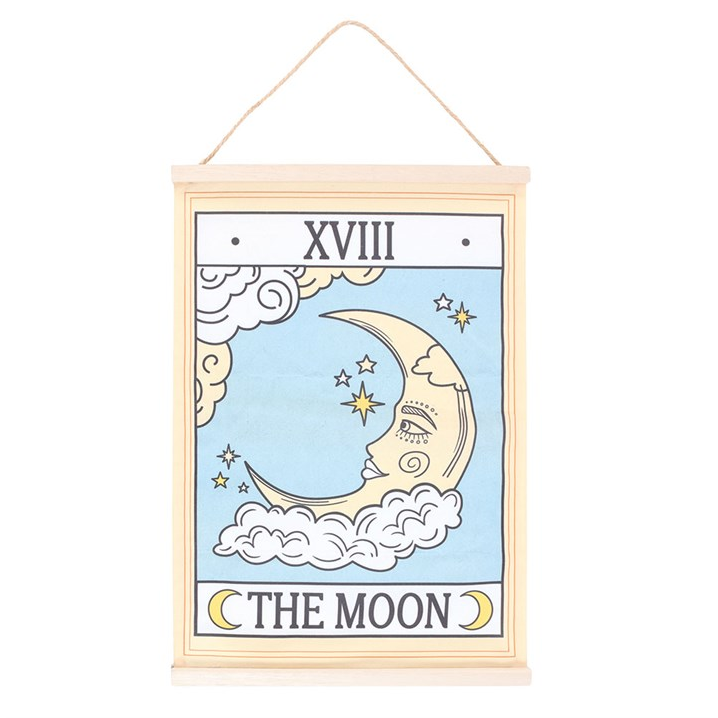 Framed tarot card titled 'The Moon' with a crescent moon and stars design on a white background.