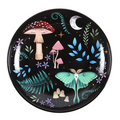 Decorative plate with mushrooms and a butterfly design on a black background