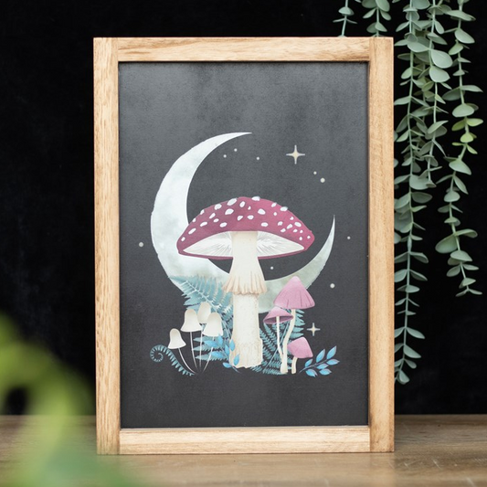 Framed artwork with a mushroom and moon design on a black background