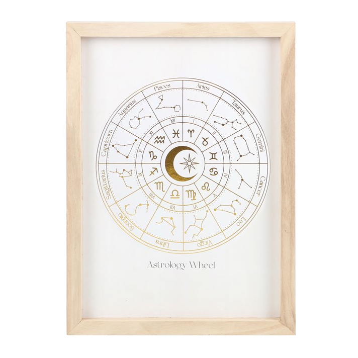 A framed astrology print featuring a gold zodiac wheel with a crescent moon and stars on an off-white background, enclosed in a light natural wood frame.