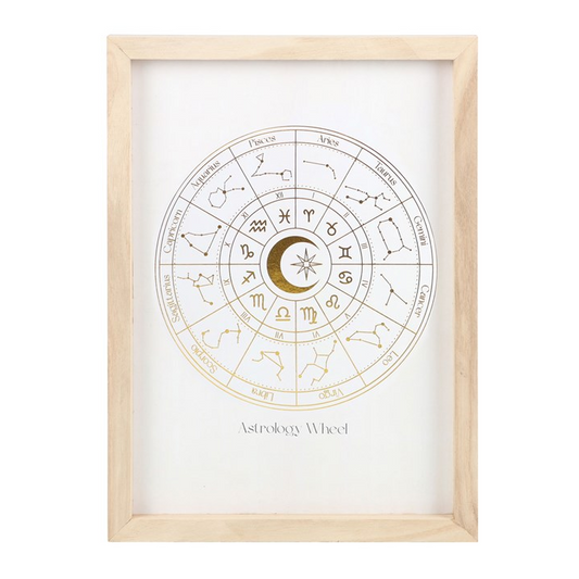 A framed astrology print featuring a gold zodiac wheel with a crescent moon and stars on an off-white background, enclosed in a light natural wood frame.