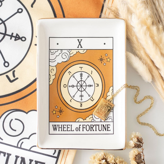 Decorative plate with 'Wheel of Fortune' design on a white background