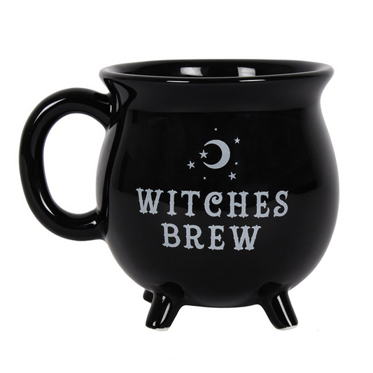Black mug with 'Witches Brew' text on a white background